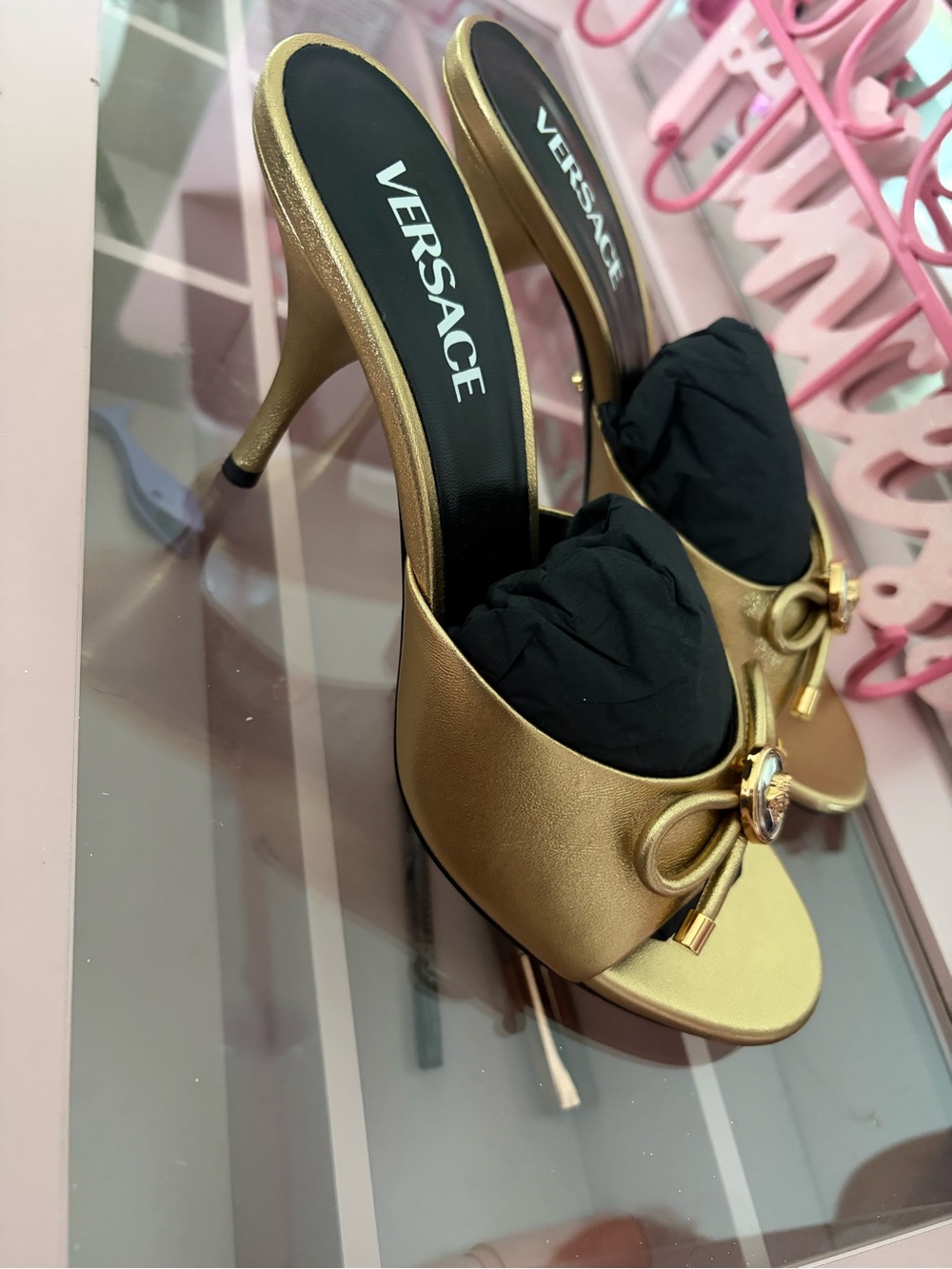 Versace Gold Bow-Accent Women's Heeled Mules - Picture 2 of 8